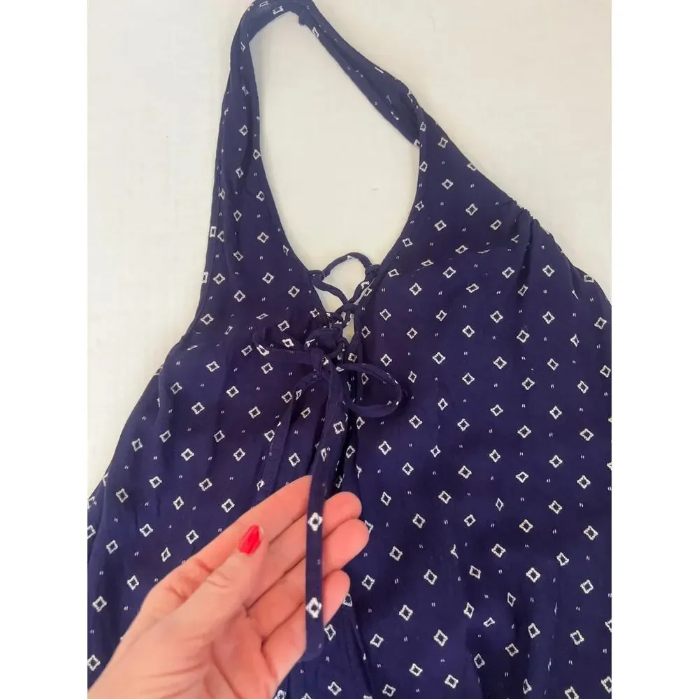 ROXY Shadow Play Tank Sundress flowy navy blue batik-style print coral hem S - Picture 11 of 12